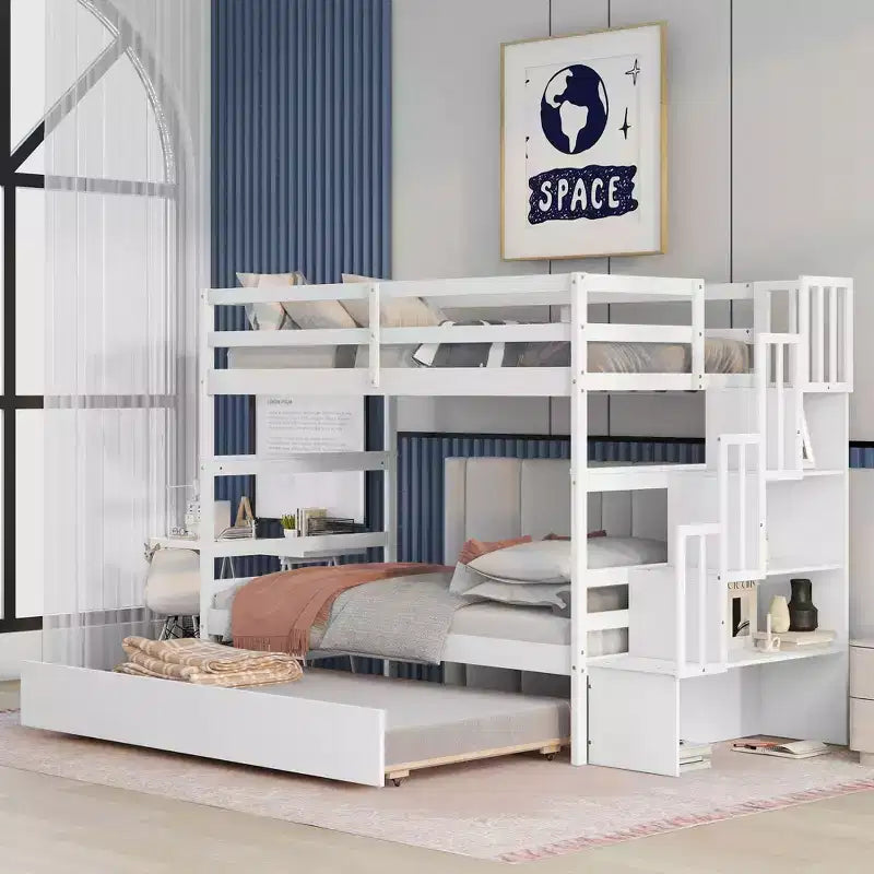 Letto a castello in legno Okak Twin su Twin con letto estraibile, letto a castello a soppalco con scala contenitore per bambini e ragazzi, facile da montare, non è richiesta la rete a molle