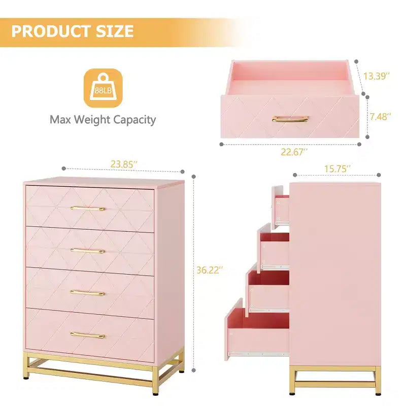 Cassettiera Bianca per Camera da Letto, Cassettiera a 4 Cassetti con Maniglie Dorate, Mobile Contenitore in Legno per Soggiorno, Corridoio, Asilo Nido