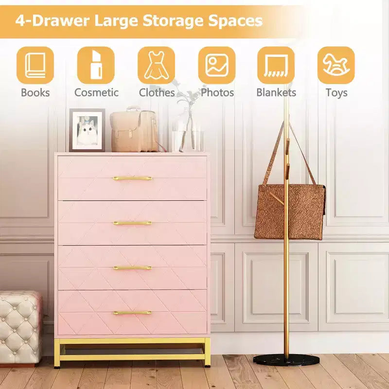 Cassettiera Bianca per Camera da Letto, Cassettiera a 4 Cassetti con Maniglie Dorate, Mobile Contenitore in Legno per Soggiorno, Corridoio, Asilo Nido