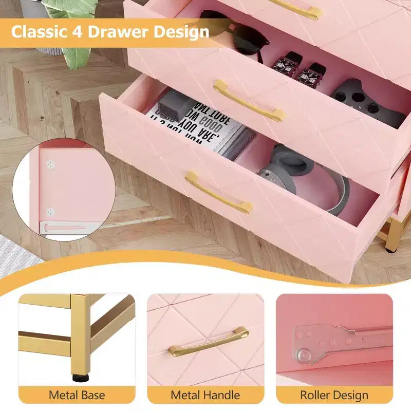 Cassettiera Bianca per Camera da Letto, Cassettiera a 4 Cassetti con Maniglie Dorate, Mobile Contenitore in Legno per Soggiorno, Corridoio, Asilo Nido