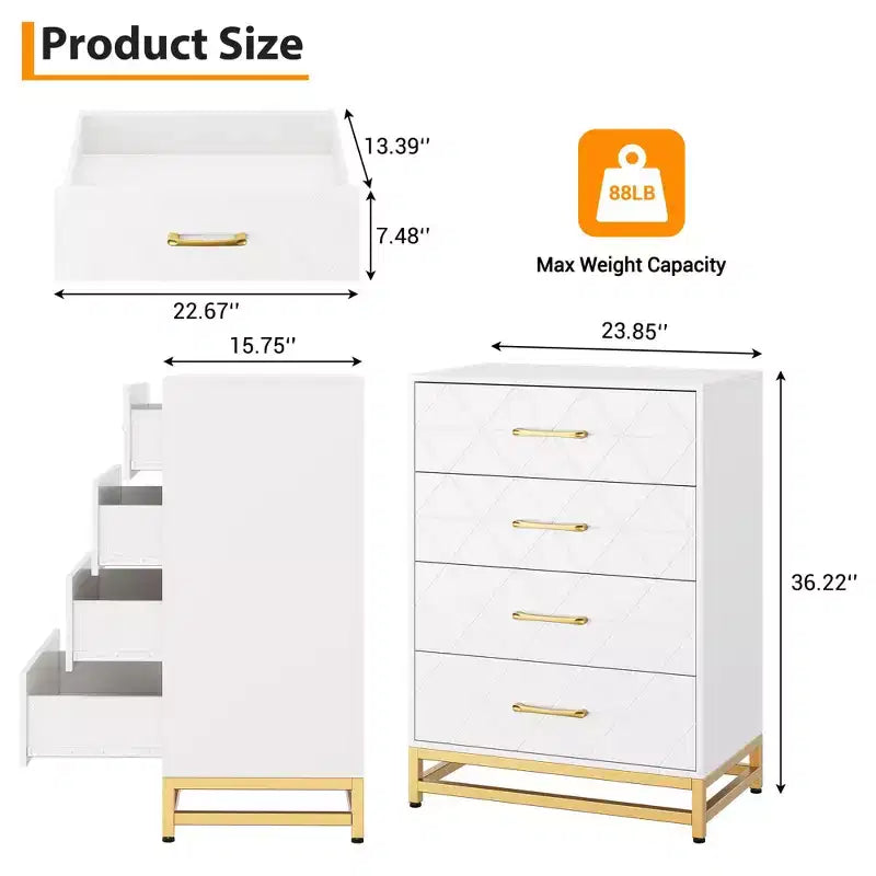 Cassettiera Bianca per Camera da Letto, Cassettiera a 4 Cassetti con Maniglie Dorate, Mobile Contenitore in Legno per Soggiorno, Corridoio, Asilo Nido