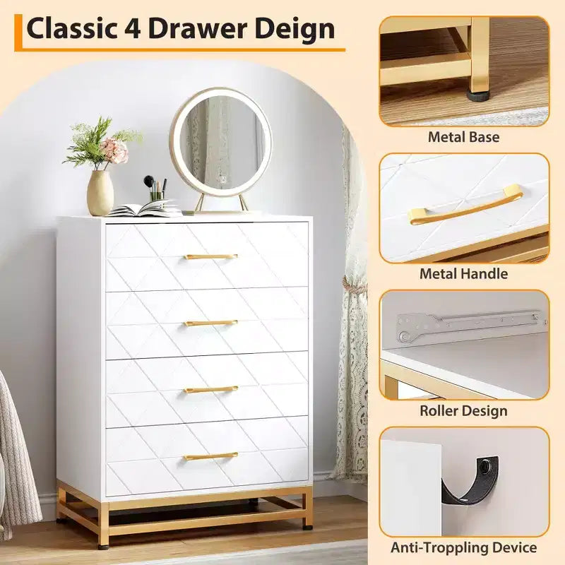 Cassettiera Bianca per Camera da Letto, Cassettiera a 4 Cassetti con Maniglie Dorate, Mobile Contenitore in Legno per Soggiorno, Corridoio, Asilo Nido