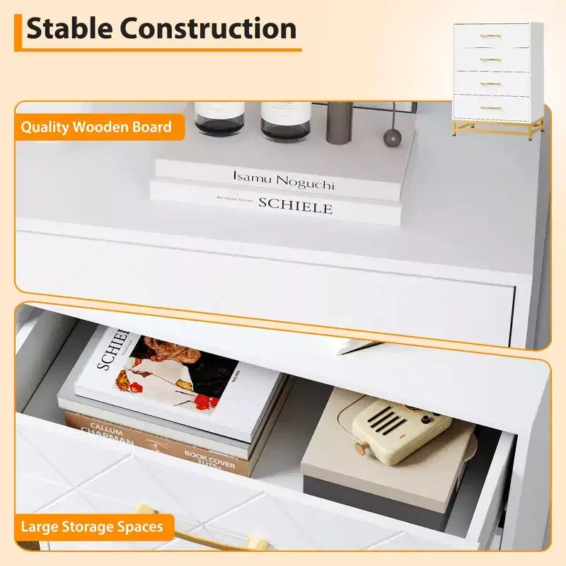 Cassettiera Bianca per Camera da Letto, Cassettiera a 4 Cassetti con Maniglie Dorate, Mobile Contenitore in Legno per Soggiorno, Corridoio, Asilo Nido