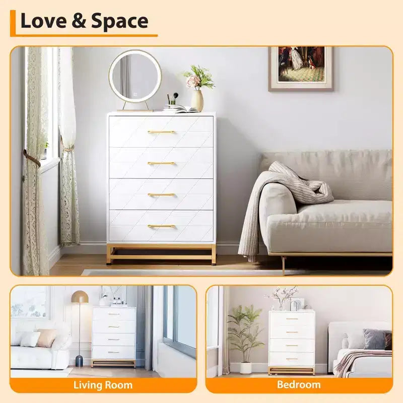 Cassettiera Bianca per Camera da Letto, Cassettiera a 4 Cassetti con Maniglie Dorate, Mobile Contenitore in Legno per Soggiorno, Corridoio, Asilo Nido