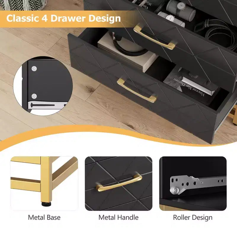 Cassettiera Bianca per Camera da Letto, Cassettiera a 4 Cassetti con Maniglie Dorate, Mobile Contenitore in Legno per Soggiorno, Corridoio, Asilo Nido