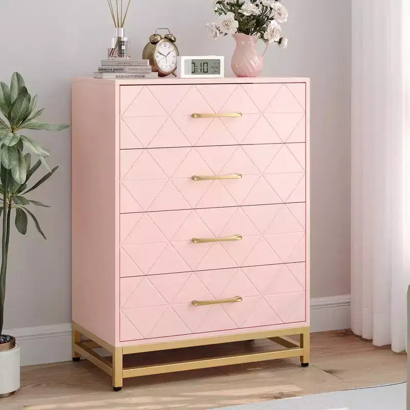 Cassettiera Bianca per Camera da Letto, Cassettiera a 4 Cassetti con Maniglie Dorate, Mobile Contenitore in Legno per Soggiorno, Corridoio, Asilo Nido