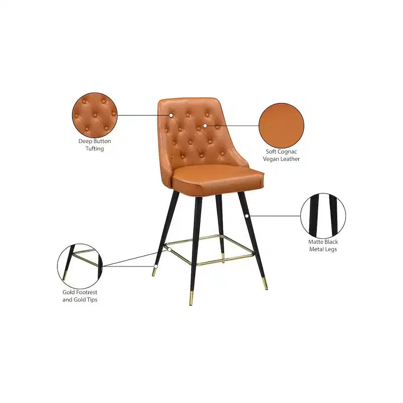 Meridian Furniture, Sgabello da bancone/bar Portnoy in pelle vegana color cognac, set da 2 pezzi
