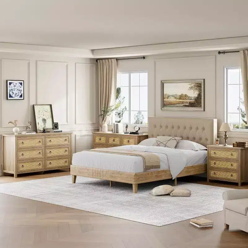 Comodino in Rattan Acekool con Cassetti, Ampia Cassettiera Boho con Cassetti Profondi e Maniglie ad Anello per Camera da Letto, Cameretta, Soggiorno - Naturale