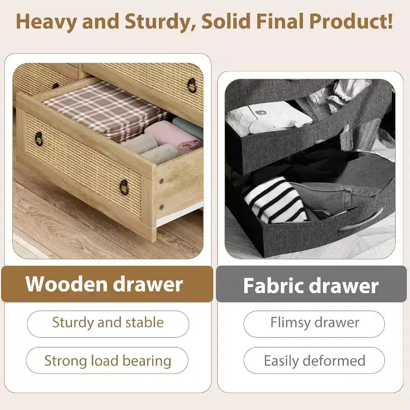 Comodino in Rattan Acekool con Cassetti, Ampia Cassettiera Boho con Cassetti Profondi e Maniglie ad Anello per Camera da Letto, Cameretta, Soggiorno - Naturale
