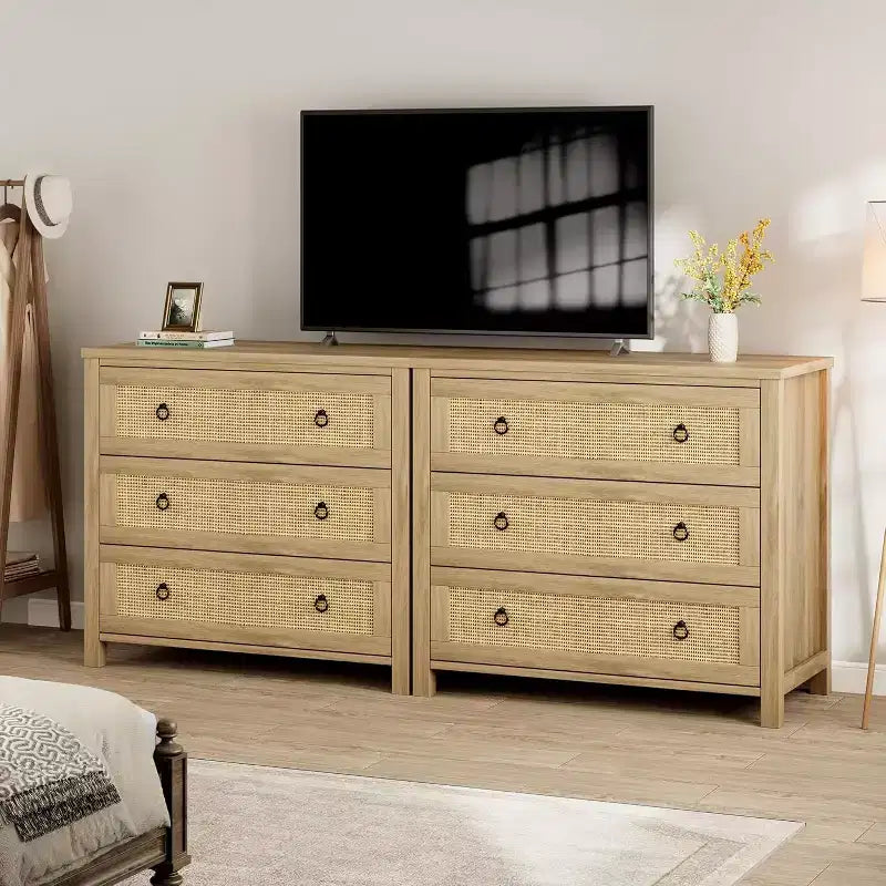 Comodino in Rattan Acekool con Cassetti, Ampia Cassettiera Boho con Cassetti Profondi e Maniglie ad Anello per Camera da Letto, Cameretta, Soggiorno - Naturale