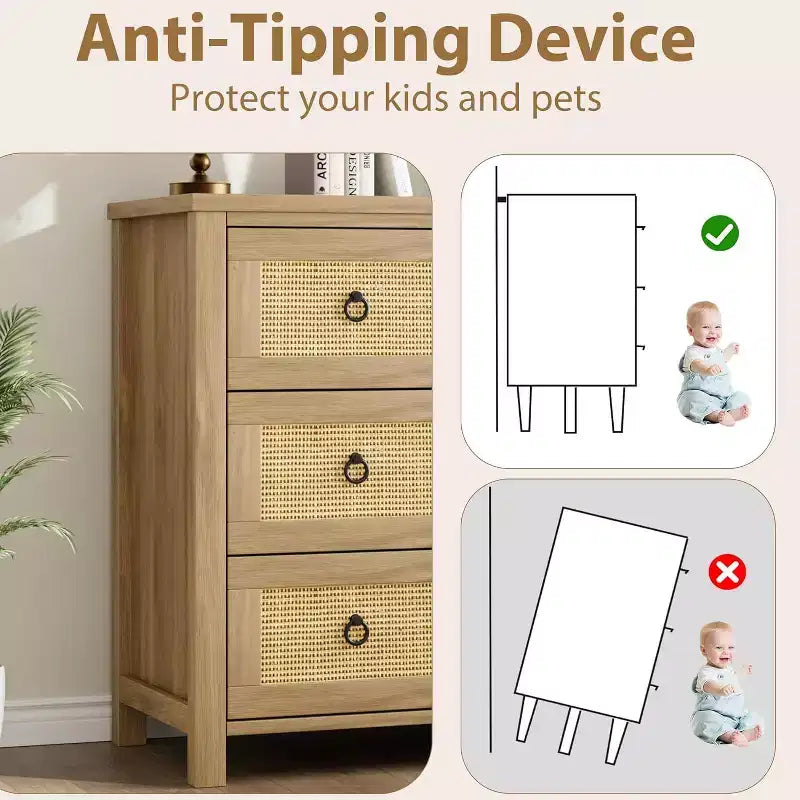 Comodino in Rattan Acekool con Cassetti, Ampia Cassettiera Boho con Cassetti Profondi e Maniglie ad Anello per Camera da Letto, Cameretta, Soggiorno - Naturale