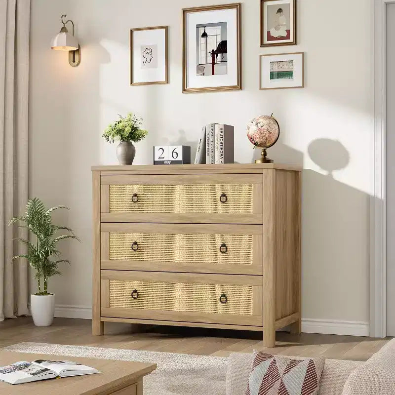Comodino in Rattan Acekool con Cassetti, Ampia Cassettiera Boho con Cassetti Profondi e Maniglie ad Anello per Camera da Letto, Cameretta, Soggiorno - Naturale