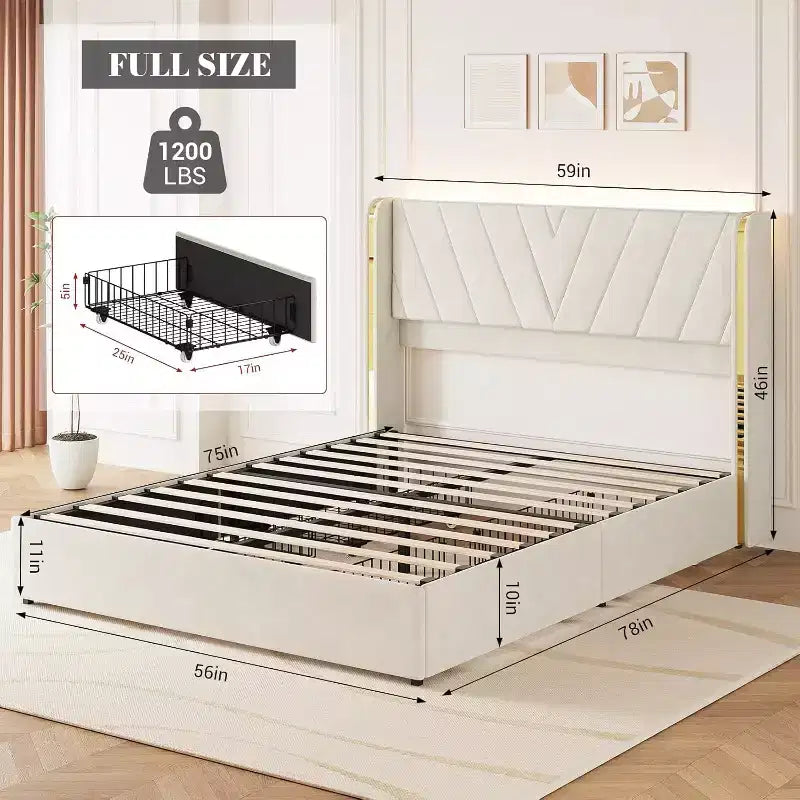 Letto Imbottito Matrimoniale in Velluto con 4 Cassetti Contenitore, Letto Smart a LED, Struttura Imbottita in Tessuto con Testiera a Onde