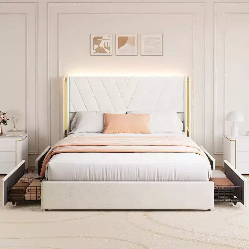 Letto Imbottito Matrimoniale in Velluto con 4 Cassetti Contenitore, Letto Smart a LED, Struttura Imbottita in Tessuto con Testiera a Onde
