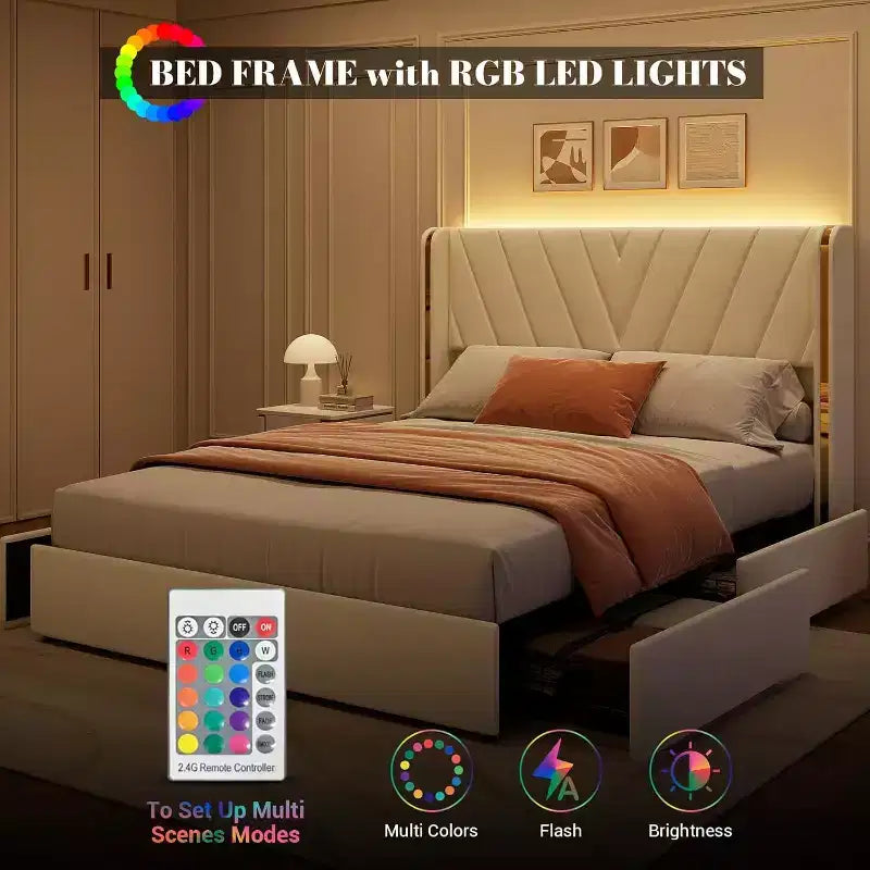 Letto Imbottito Matrimoniale in Velluto con 4 Cassetti Contenitore, Letto Smart a LED, Struttura Imbottita in Tessuto con Testiera a Onde