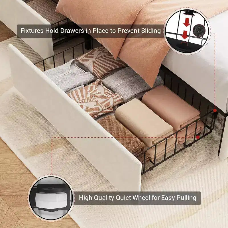 Letto Imbottito Matrimoniale in Velluto con 4 Cassetti Contenitore, Letto Smart a LED, Struttura Imbottita in Tessuto con Testiera a Onde
