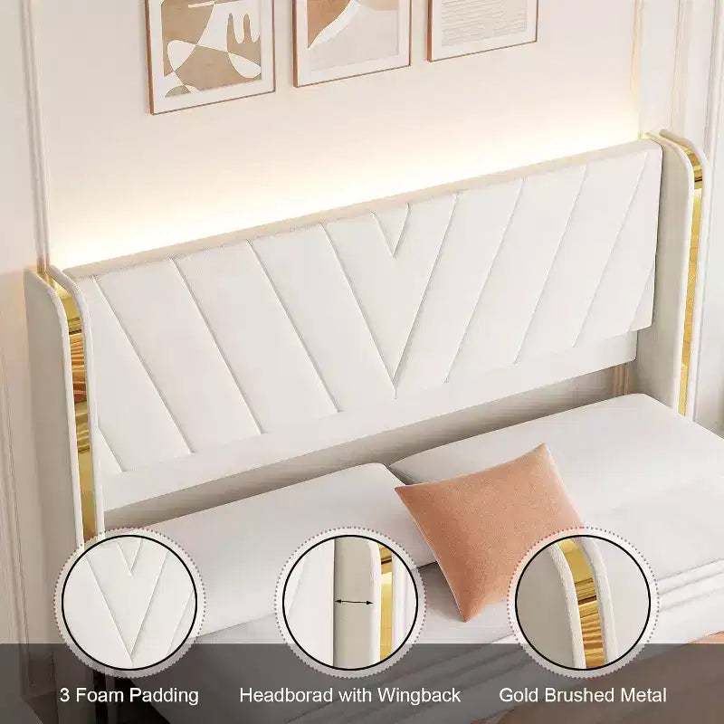 Letto Imbottito Matrimoniale in Velluto con 4 Cassetti Contenitore, Letto Smart a LED, Struttura Imbottita in Tessuto con Testiera a Onde