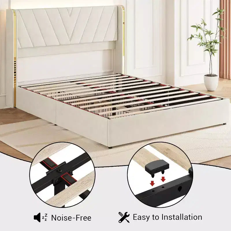 Letto Imbottito Matrimoniale in Velluto con 4 Cassetti Contenitore, Letto Smart a LED, Struttura Imbottita in Tessuto con Testiera a Onde