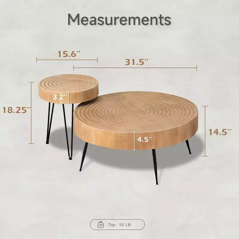 COZAYH Set 2 Pezzi Tavolini da Salotto Moderni per Fattoria, Tavolini a Nido Rotondi Finitura Naturale con Legno Artigianale, Motivo ad Anelli