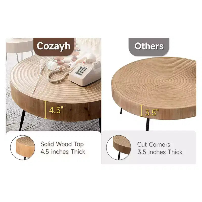 COZAYH Set 2 Pezzi Tavolini da Salotto Moderni per Fattoria, Tavolini a Nido Rotondi Finitura Naturale con Legno Artigianale, Motivo ad Anelli