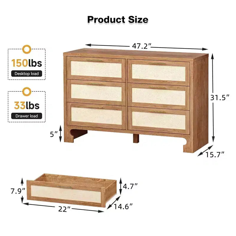 Cassettiera a 6 cassetti per camera da letto, cassettiera larga 120 cm, cassettiera ampia per armadio in tessuto di iuta stile rustico, colore marrone