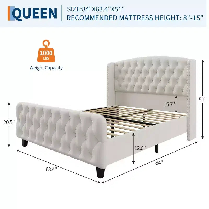 GustoWave Velvet Upholstered Platform Bed Frame, con testiera alettata trapuntata con bottoni profondi