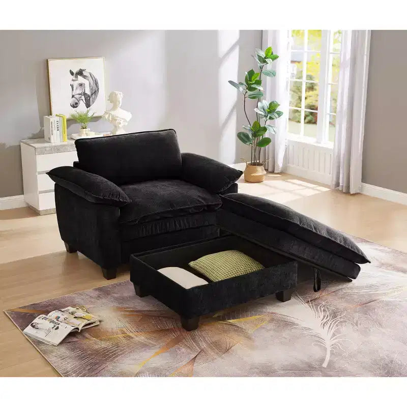 MAYEERTY Chaise longue 51 Oversize con pouf, rivestimento in ciniglia felpata, nero, contenitore, comfort