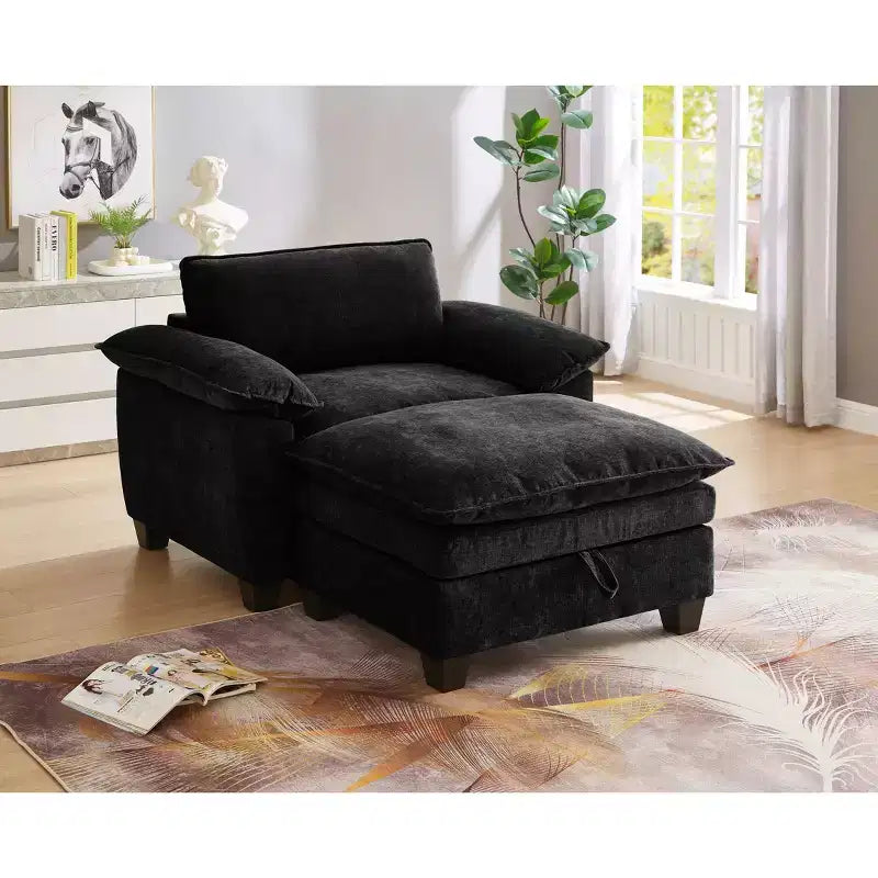 MAYEERTY Chaise longue 51 Oversize con pouf, rivestimento in ciniglia felpata, nero, contenitore, comfort