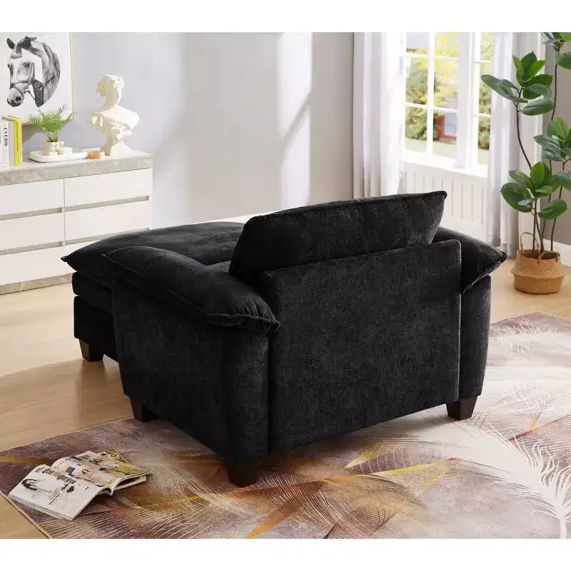 MAYEERTY Chaise longue 51 Oversize con pouf, rivestimento in ciniglia felpata, nero, contenitore, comfort