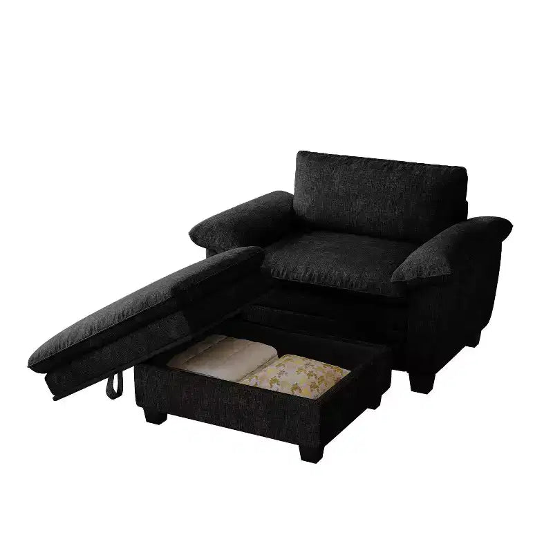MAYEERTY Chaise longue 51 Oversize con pouf, rivestimento in ciniglia felpata, nero, contenitore, comfort