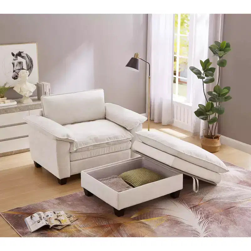 MAYEERTY Chaise longue 51 Oversize con pouf, rivestimento in ciniglia felpata, nero, contenitore, comfort