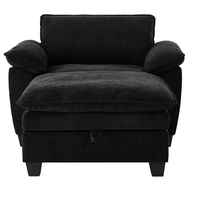 MAYEERTY Chaise longue 51 Oversize con pouf, rivestimento in ciniglia felpata, nero, contenitore, comfort