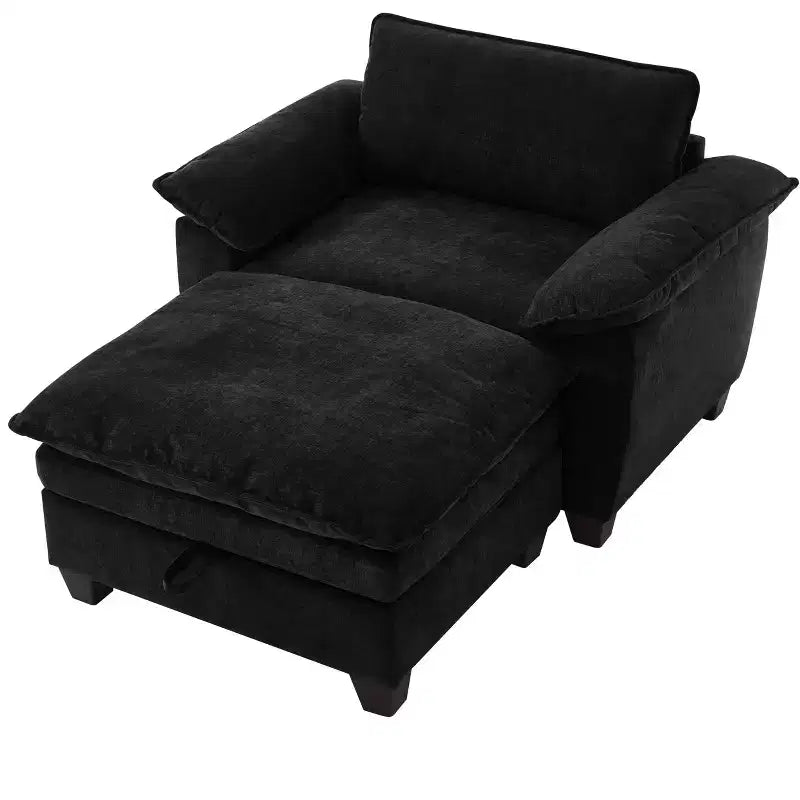 MAYEERTY Chaise longue 51 Oversize con pouf, rivestimento in ciniglia felpata, nero, contenitore, comfort