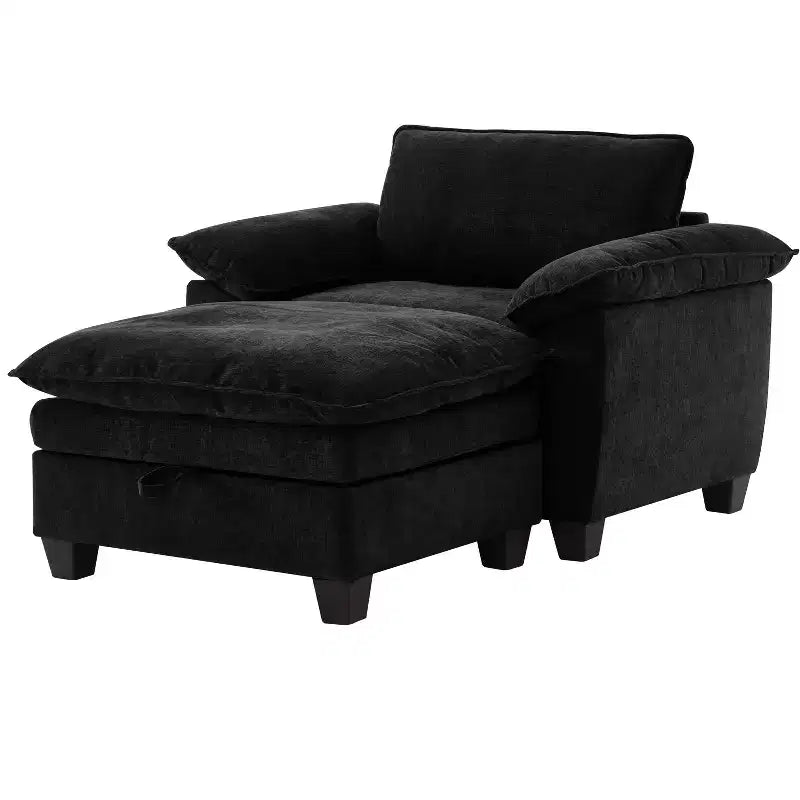 MAYEERTY Chaise longue 51 Oversize con pouf, rivestimento in ciniglia felpata, nero, contenitore, comfort