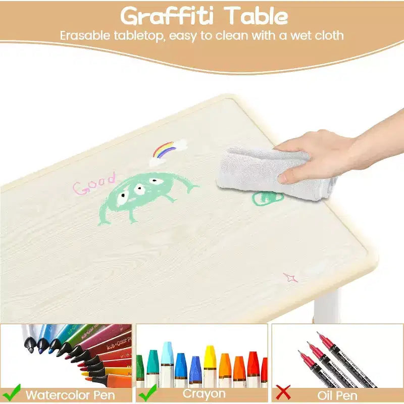 CuisinSmart Set Tavolo e Sedie per Bambini, Tavolino per Bambini Regolabile in Altezza con 4 Sedie per Bambini dai 2 ai 10 Anni, Piano di Lavoro con Graffito, Piedini Antiscivolo, Naturale