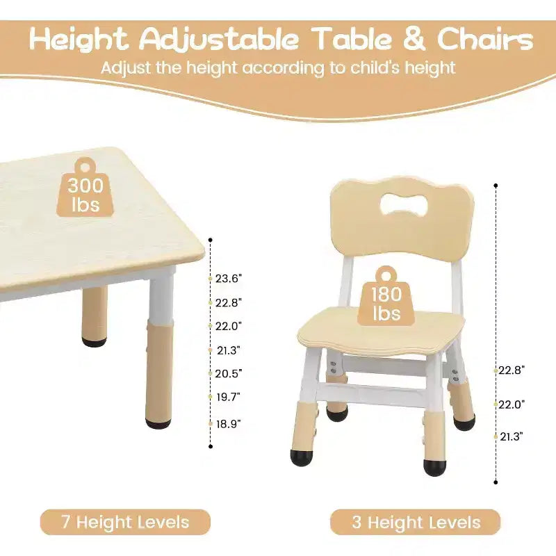 CuisinSmart Set Tavolo e Sedie per Bambini, Tavolino per Bambini Regolabile in Altezza con 4 Sedie per Bambini dai 2 ai 10 Anni, Piano di Lavoro con Graffito, Piedini Antiscivolo, Naturale