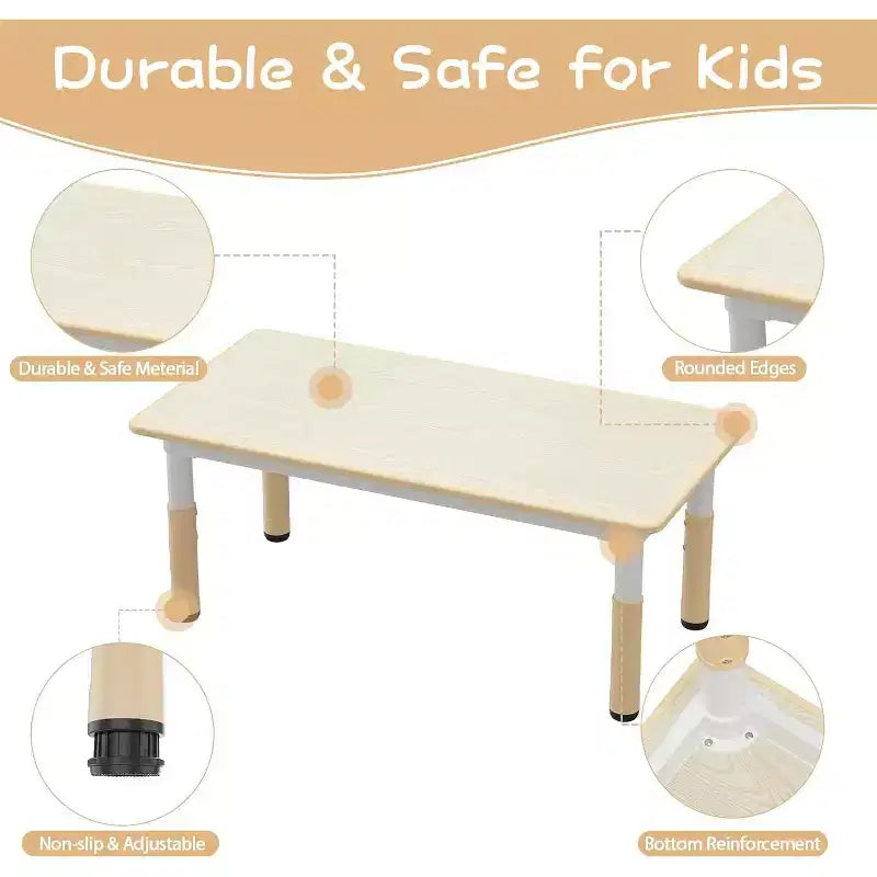 CuisinSmart Set Tavolo e Sedie per Bambini, Tavolino per Bambini Regolabile in Altezza con 4 Sedie per Bambini dai 2 ai 10 Anni, Piano di Lavoro con Graffito, Piedini Antiscivolo, Naturale