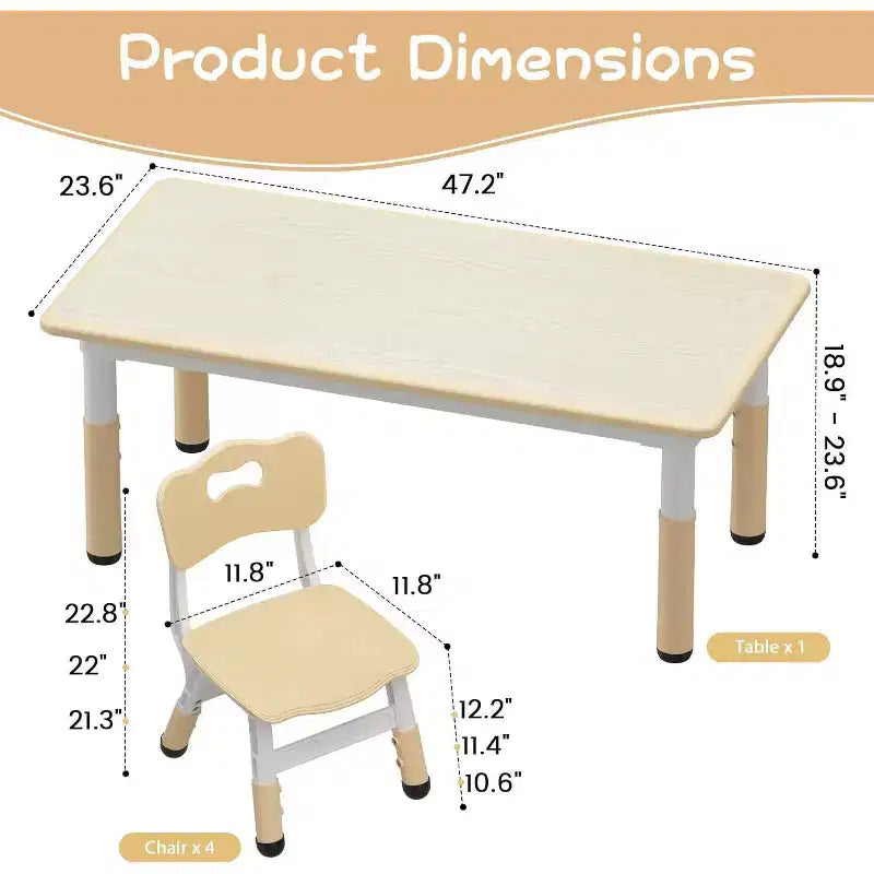 CuisinSmart Set Tavolo e Sedie per Bambini, Tavolino per Bambini Regolabile in Altezza con 4 Sedie per Bambini dai 2 ai 10 Anni, Piano di Lavoro con Graffito, Piedini Antiscivolo, Naturale