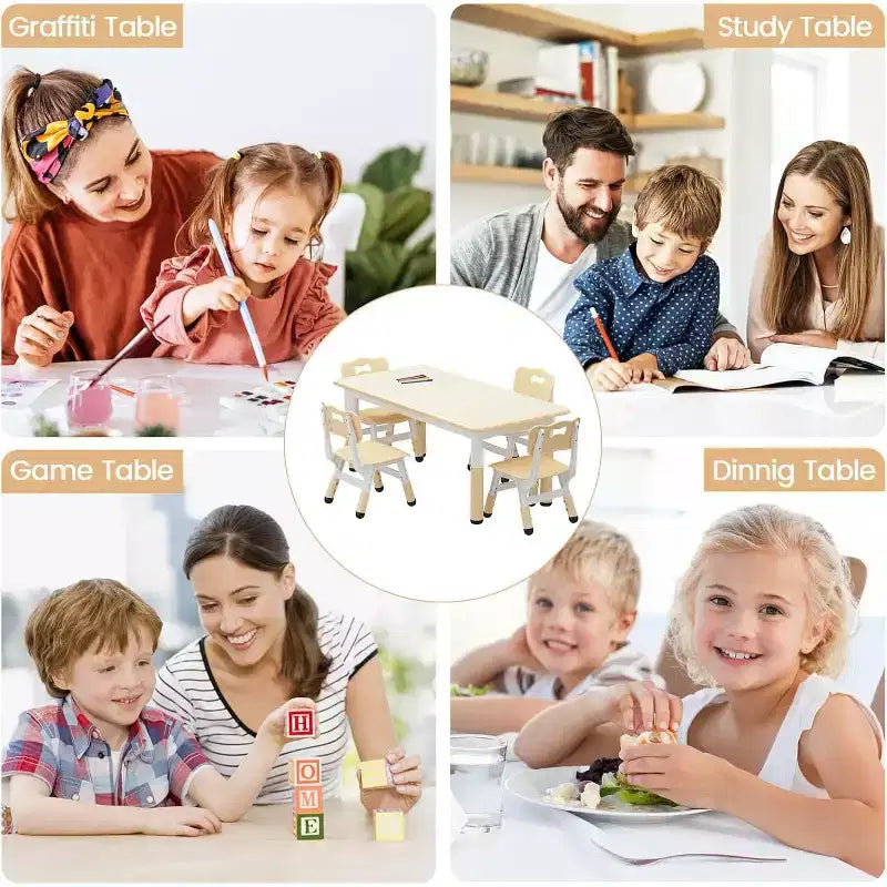 CuisinSmart Set Tavolo e Sedie per Bambini, Tavolino per Bambini Regolabile in Altezza con 4 Sedie per Bambini dai 2 ai 10 Anni, Piano di Lavoro con Graffito, Piedini Antiscivolo, Naturale