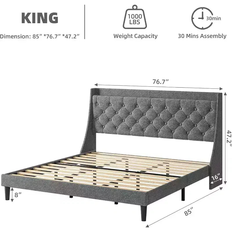Telaio Letto King Size con Testiera Imbottita a Onde, con Stazione di Ricarica, Design con Bottoni Trapuntati, Nessuna Molla Necessaria, Grigio Chiaro