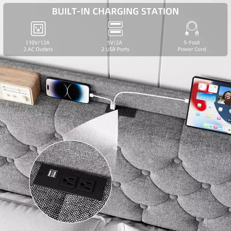 Telaio Letto King Size con Testiera Imbottita a Onde, con Stazione di Ricarica, Design con Bottoni Trapuntati, Nessuna Molla Necessaria, Grigio Chiaro