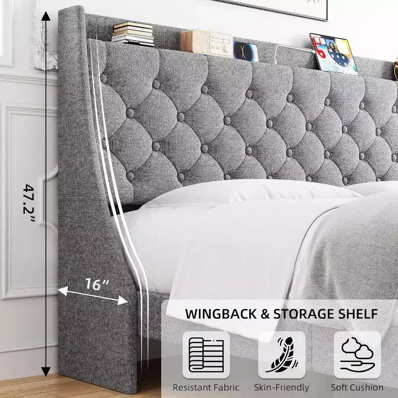 Telaio Letto King Size con Testiera Imbottita a Onde, con Stazione di Ricarica, Design con Bottoni Trapuntati, Nessuna Molla Necessaria, Grigio Chiaro