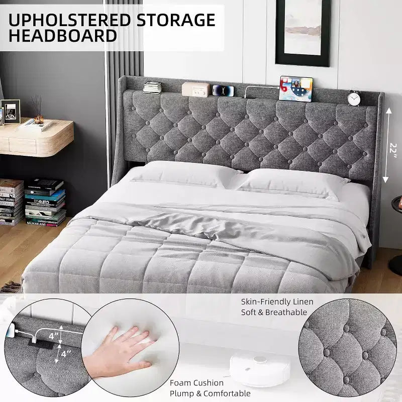 Telaio Letto King Size con Testiera Imbottita a Onde, con Stazione di Ricarica, Design con Bottoni Trapuntati, Nessuna Molla Necessaria, Grigio Chiaro