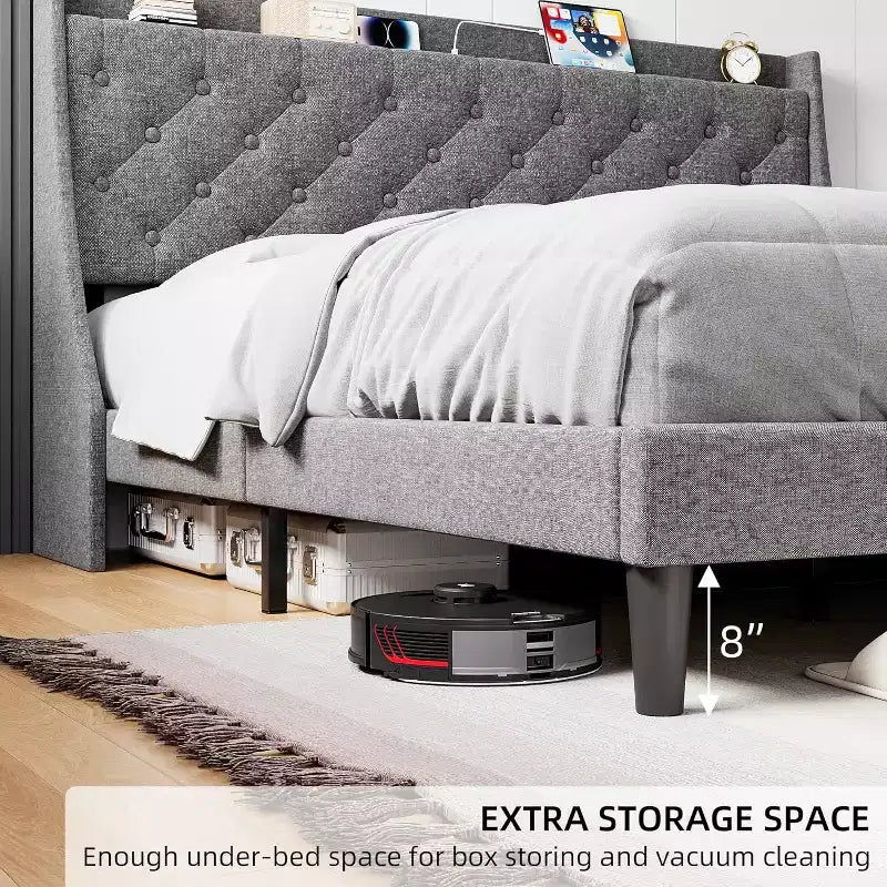 Telaio Letto King Size con Testiera Imbottita a Onde, con Stazione di Ricarica, Design con Bottoni Trapuntati, Nessuna Molla Necessaria, Grigio Chiaro