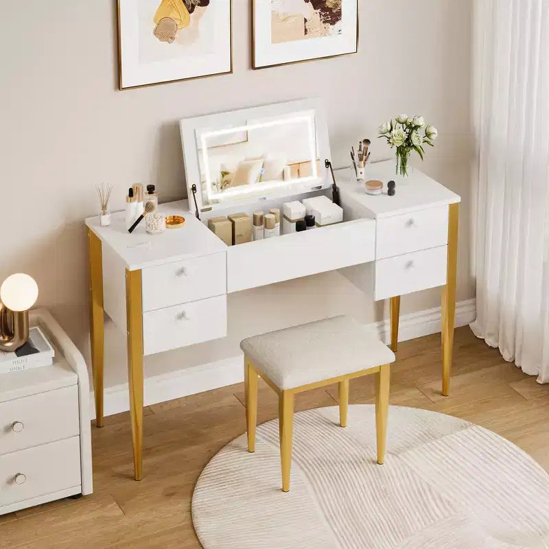 47 Toeletta Trucco con Specchio Ribaltabile e Luci, 3 Modalità di Illuminazione, Toeletta con Sedia