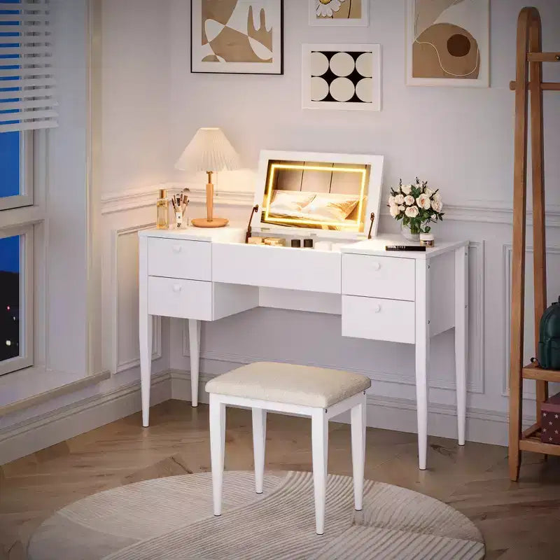 47 Toeletta Trucco con Specchio Ribaltabile e Luci, 3 Modalità di Illuminazione, Toeletta con Sedia