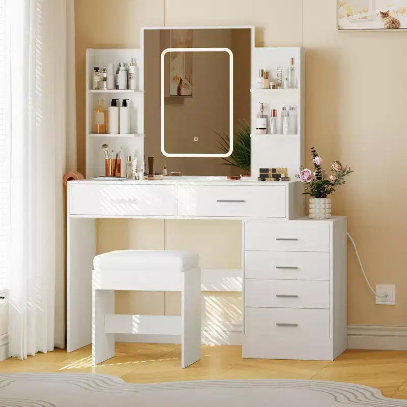 Toeletta Trucco, Scrivania Trucco con Specchio, Toeletta Bianca con 6 Cassetti e Ripiani, Scrivania Toeletta, Toeletta con Sgabello