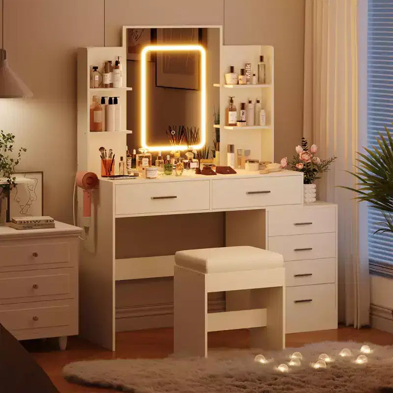 Toeletta Trucco, Scrivania Trucco con Specchio, Toeletta Bianca con 6 Cassetti e Ripiani, Scrivania Toeletta, Toeletta con Sgabello