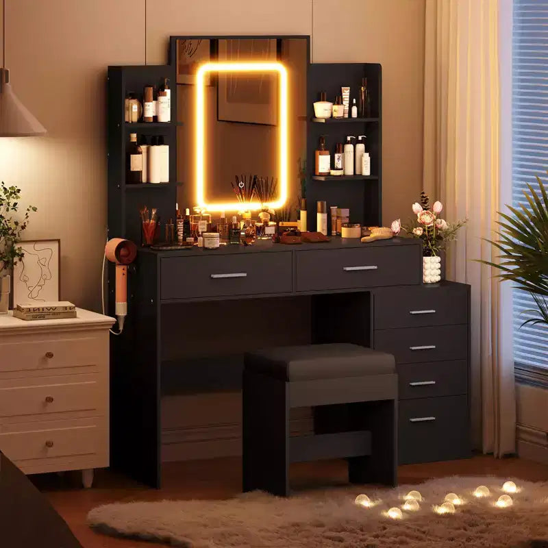 Toeletta Trucco, Scrivania Trucco con Specchio, Toeletta Bianca con 6 Cassetti e Ripiani, Scrivania Toeletta, Toeletta con Sgabello