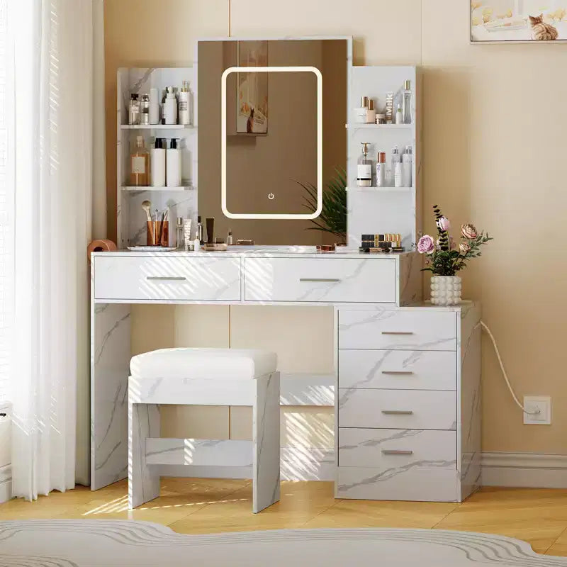 Toeletta Trucco, Scrivania Trucco con Specchio, Toeletta Bianca con 6 Cassetti e Ripiani, Scrivania Toeletta, Toeletta con Sgabello